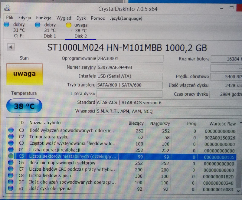 Stan dysku w CrystalDiskInfo